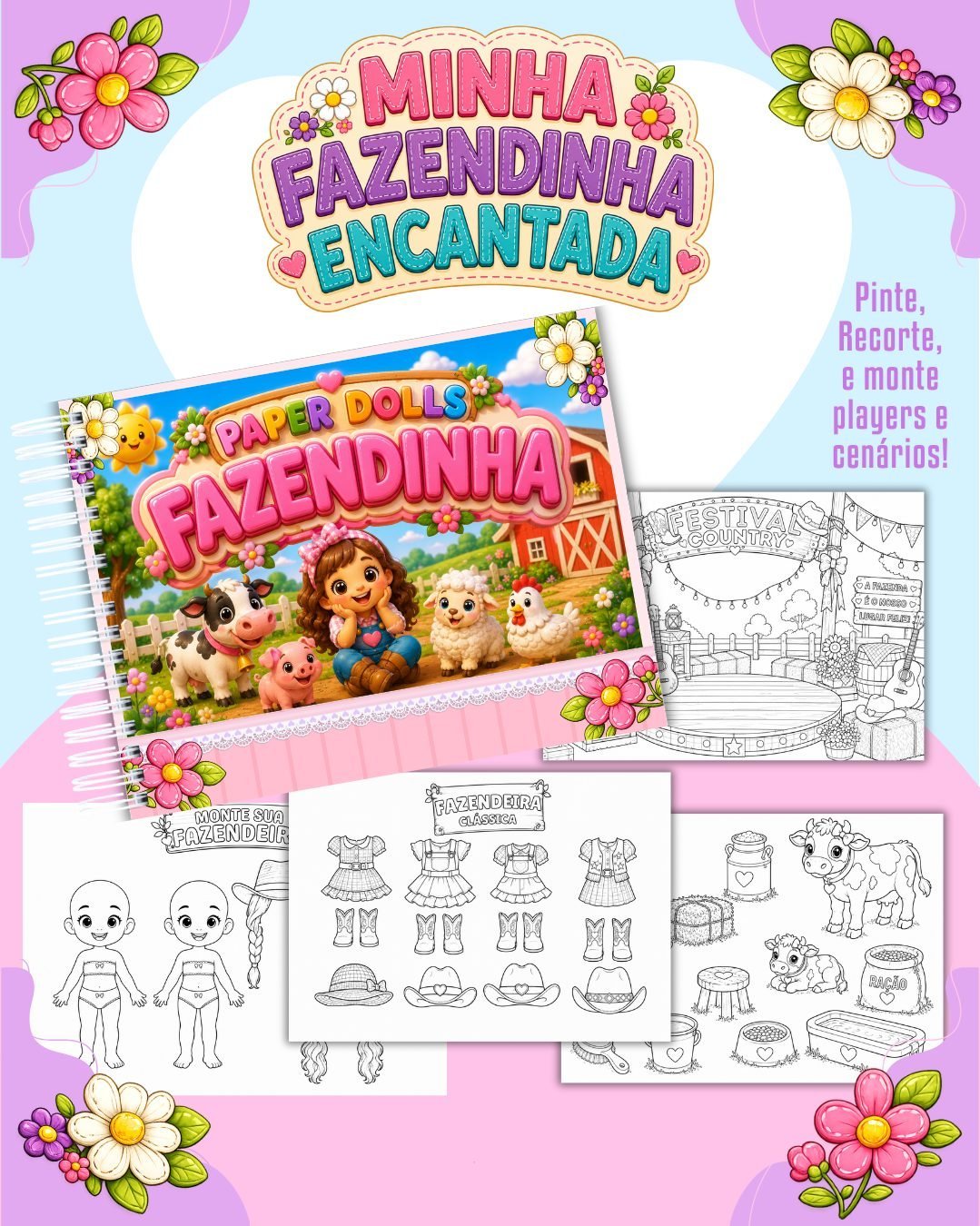 Livrinho Para Colorir Paper Dolls Fazendinha Menina