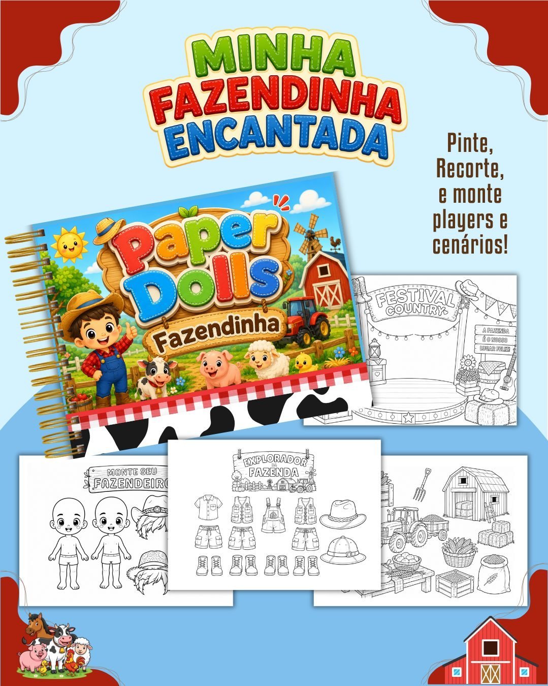Livrinho Para Colorir Paper Dolls Fazendinha Menino