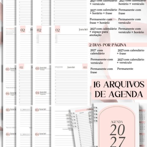 Combo 16 Agendas Femininas Neutra 2027 PERMANENTE Versículos Frases Horários