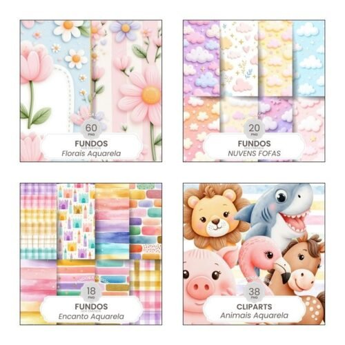 4 Kits Digitais Aquarelado