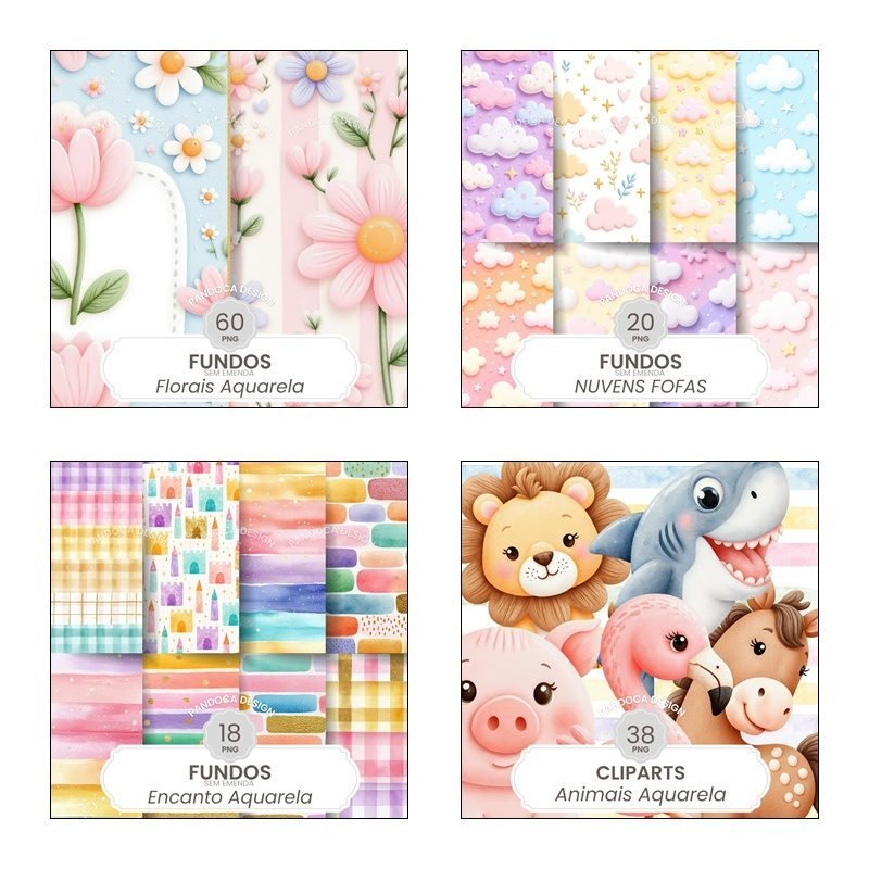 4 Kits Digitais Aquarelado