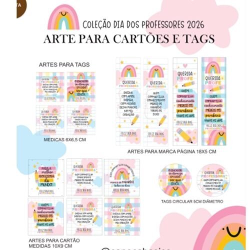 Arte Digital CARTÕES E TAGS Dia dos Professores Arco-íris 2026 - Datas comemorativas